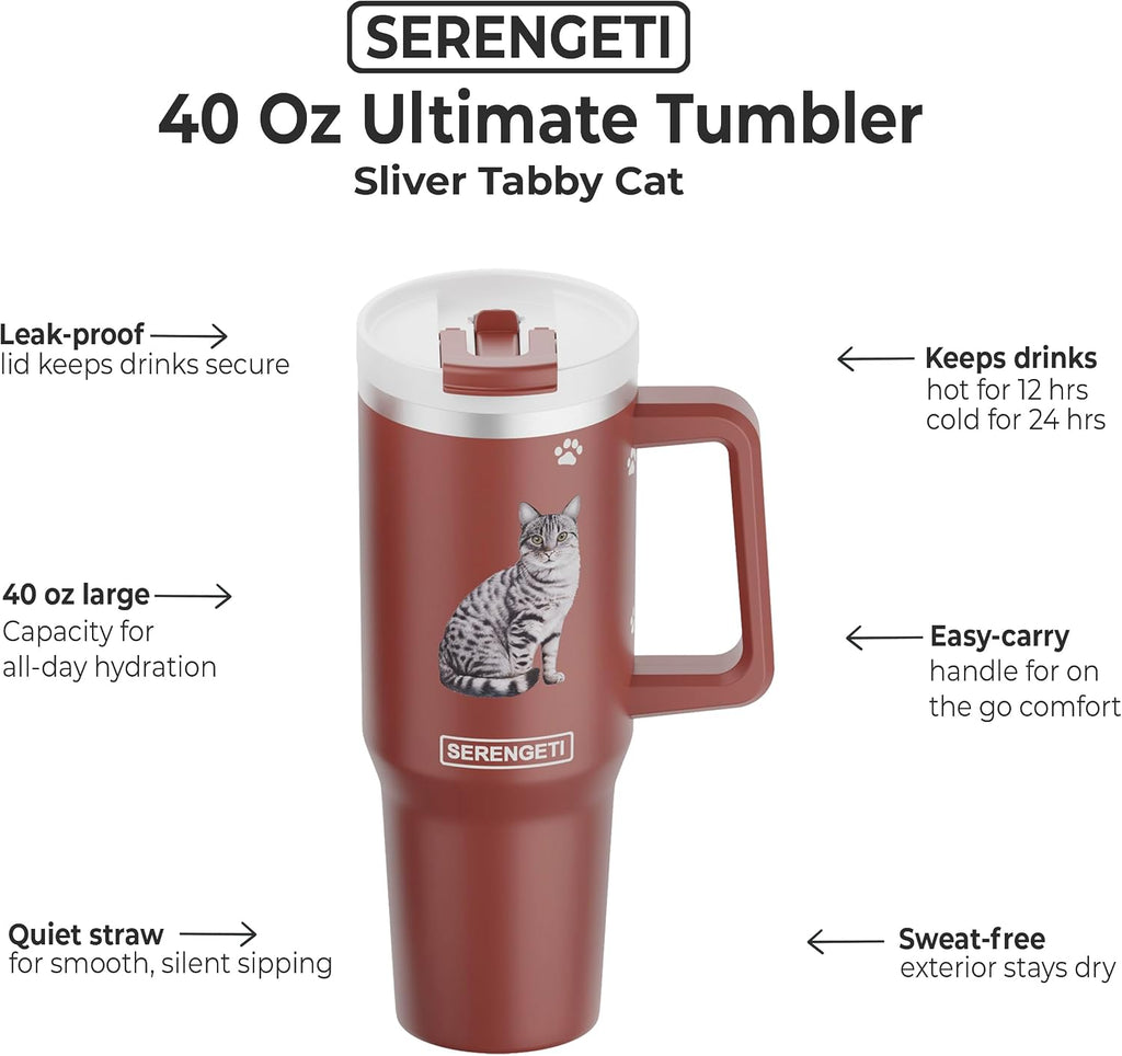 SERENGETI 40oz Ultimate Tumbler with Handle and Straw - Vacuum Insulated Tumbler with Straw and Lid - Stainless Steel Travel Mug for Pet Lovers - 3D Designs of your favorite Cat (Silver Tabby)