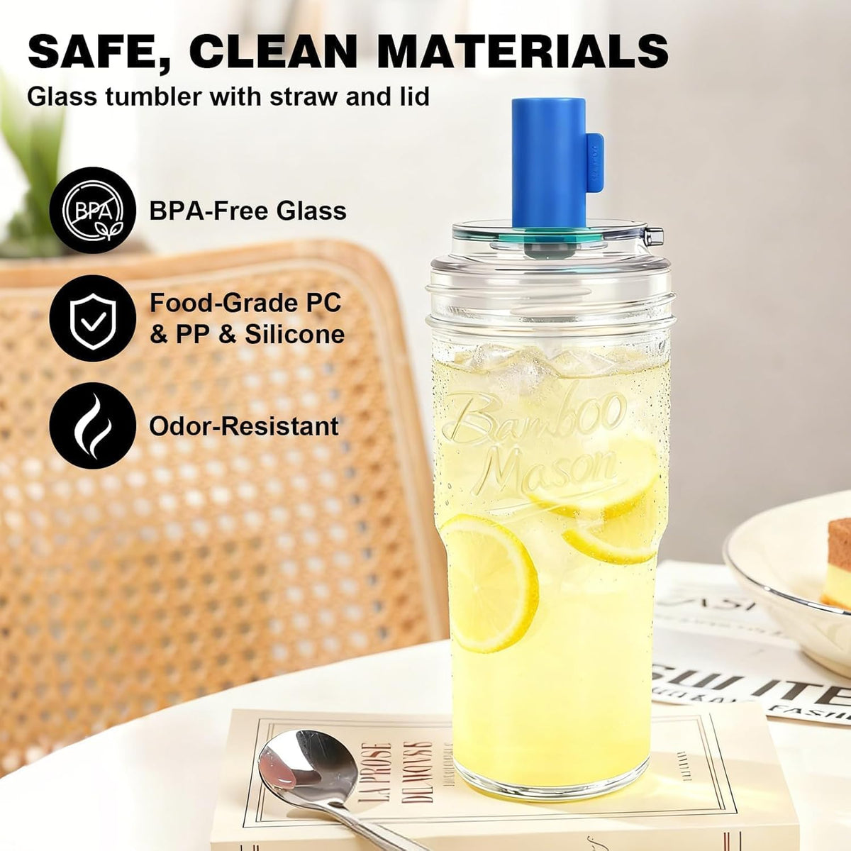 ANOTION Glass Cups With Lids And Straws, Leakproof Tumbler 24oz Mason Jar Cups, Cap Cup Leak-Proof, Self-Assembly Silicone Straw, Reusable Iced Coffee Smoothie Matcha Cup Aesthetic Coffee Gifts Women