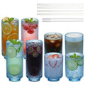 Ribbed Glass Cups with Straws, Pink Glass Drinking Cups, Drinking Glasses Set of 8, 13oz Highball & 10oz Water Glasses, Vintage Kitchen Glassware Set for Juice, Whiskey, Coffee, Cocktail