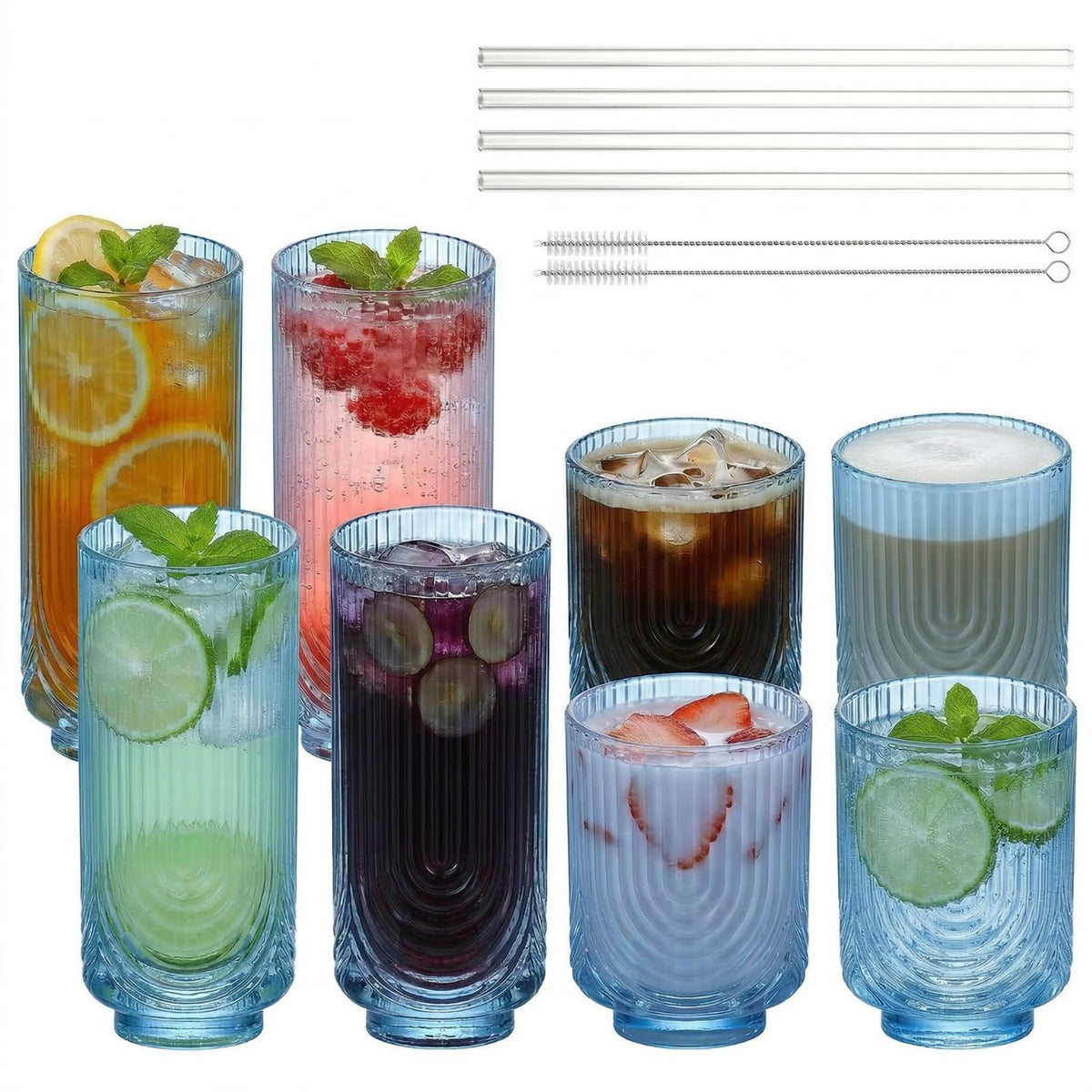 Ribbed Glass Cups with Straws, Pink Glass Drinking Cups, Drinking Glasses Set of 8, 13oz Highball & 10oz Water Glasses, Vintage Kitchen Glassware Set for Juice, Whiskey, Coffee, Cocktail