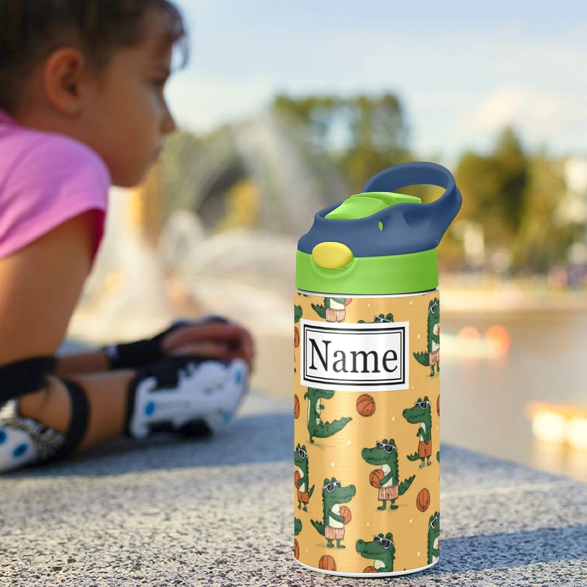 Personalized Name Water Bottles for Kids Cartoon Crocodiles Basketball Custom Toddlers Insulated Stainless Steel with Straw Lid Tumbler Gift for Boys Girls Birthday School