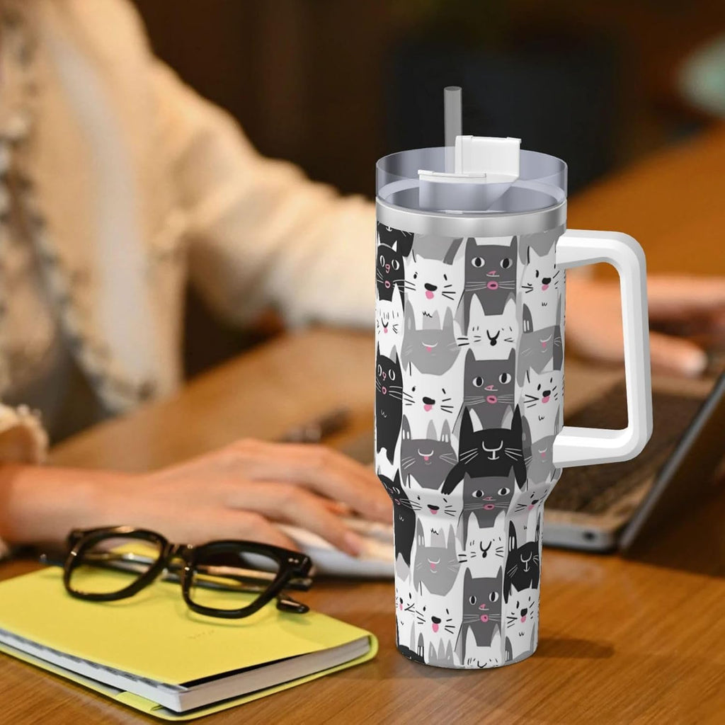 40 OZ Cute Cat Ice Bully Cup with Handle Straw Lid, Double Wall Stainless Steel Tumbler Travel Coffee Cup, Cartoon Insulation and Cooling Mug for Christmas Birthday Present