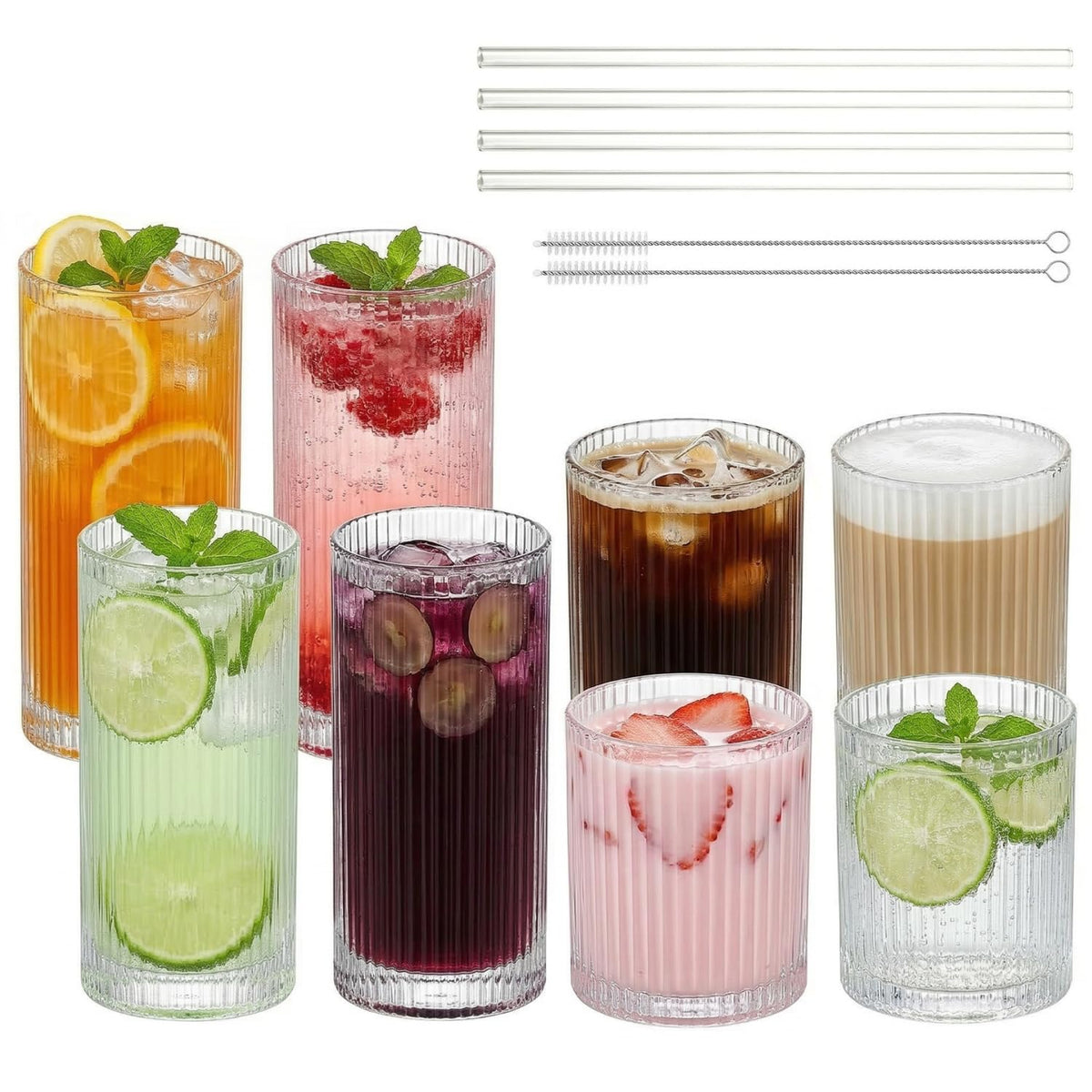 Ribbed Glass Cups with Straws, Pink Glass Drinking Cups, Drinking Glasses Set of 8, 13oz Highball & 10oz Water Glasses, Vintage Kitchen Glassware Set for Juice, Whiskey, Coffee, Cocktail