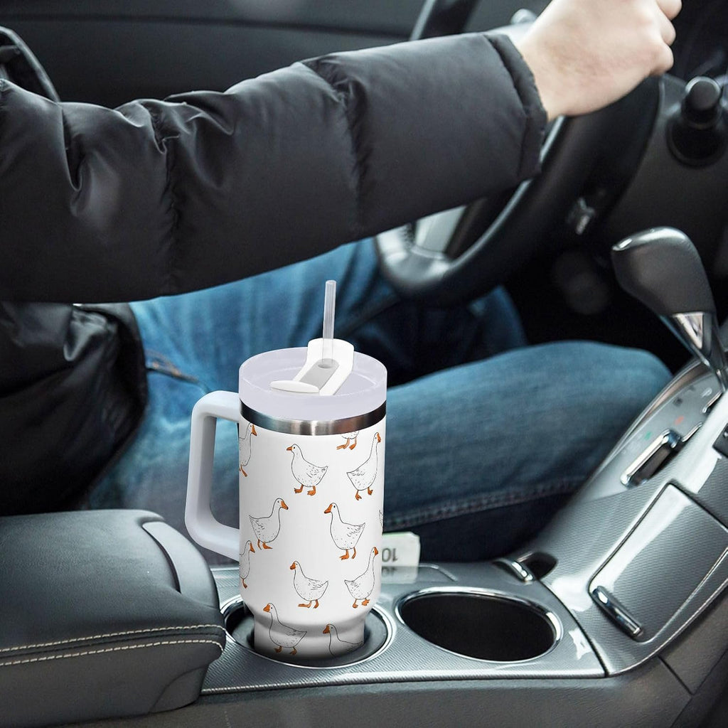 Cartoon Style White Geese Tumbler with Handle and Straw Leak Proof Tumbler 2 in 1 Lid Insulated Water Bottle Tumblers Stainless Steel Cup Large Travel Mug Cups, Gifts for Women Man, 30oz
