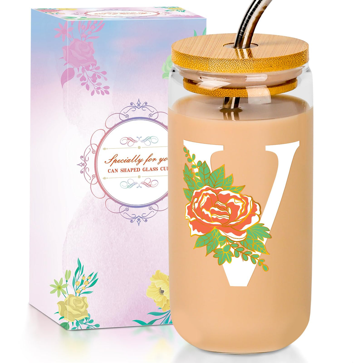 16 Oz Initial Glass Cup with Lid and Straw Personalized Color-Changing