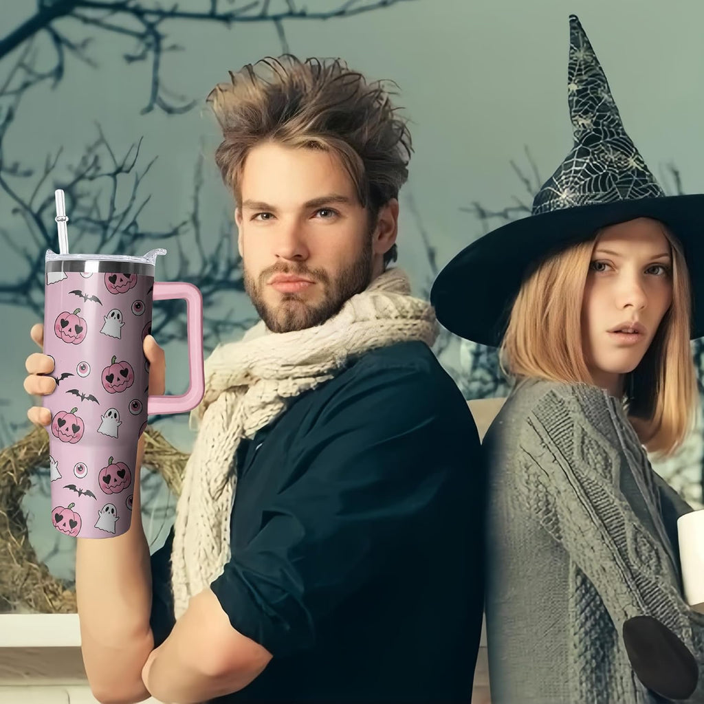 40oz Cute Pumpkin Ghost Halloween Tumbler with Handle and straw, Stainless Steel Insulated Cup, Spooky Pink Coffee Mug Water Bottle Gift