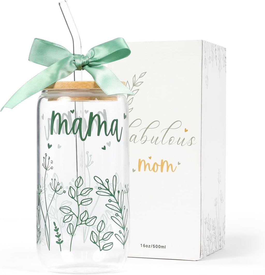 Gifts for Mom Bow New Mama Glass Cup with Lids and Straws