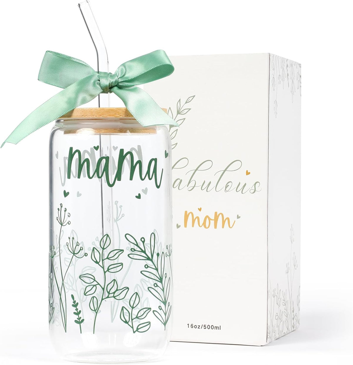 Gifts for Mom Bow New Mama Glass Cup with Lids and Straws