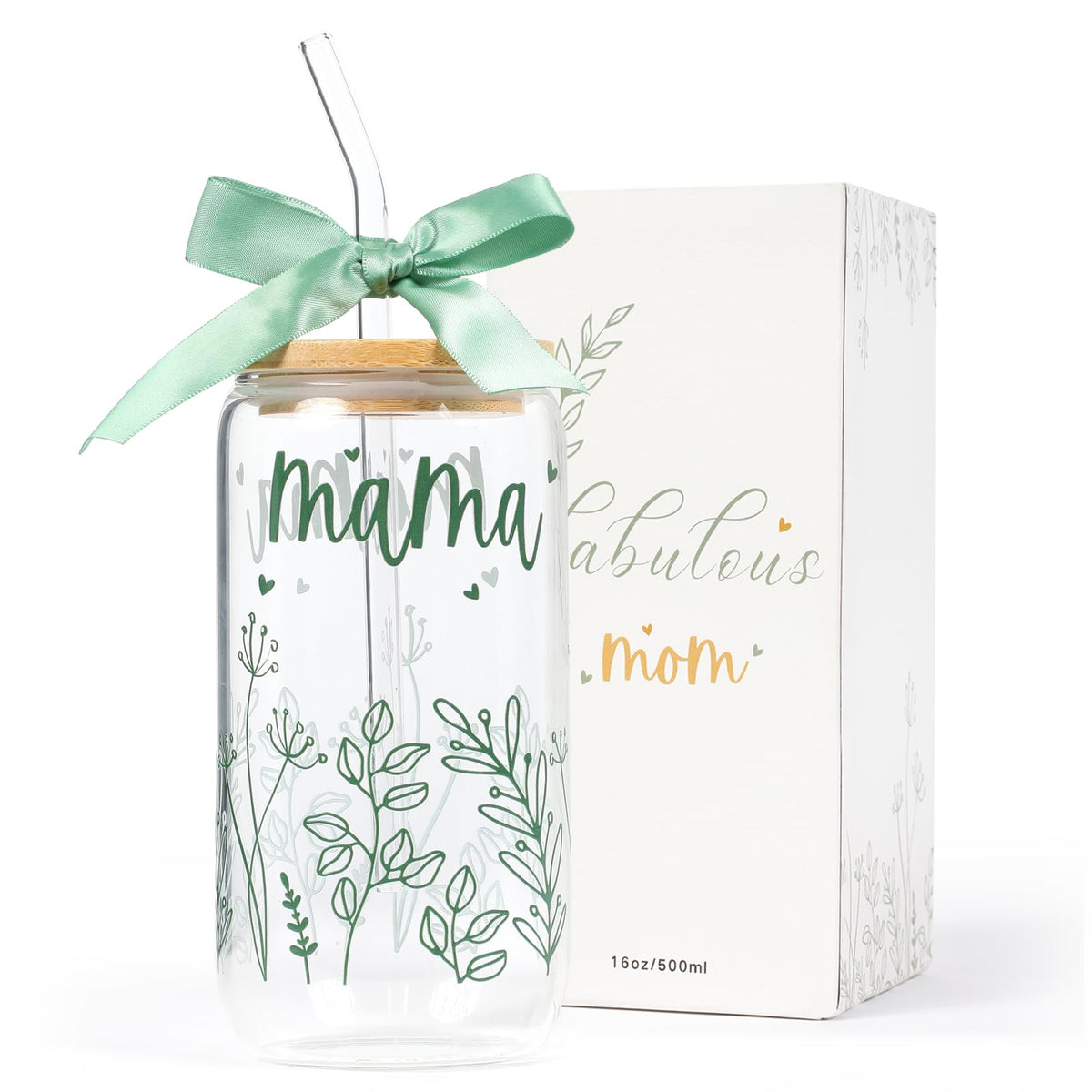 Gifts for Mom Bow New Mama Glass Cup with Lids and Straws