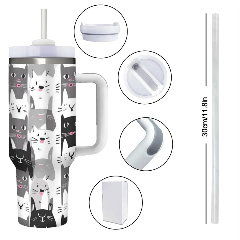 40 OZ (1200 ML) Cute Cats Insulated Tumbler With Straw Lid, Cartoon Kitten Steel Double Walled Vacuum Stainless Steel Coffee Cup for Home Travel Office Nursing