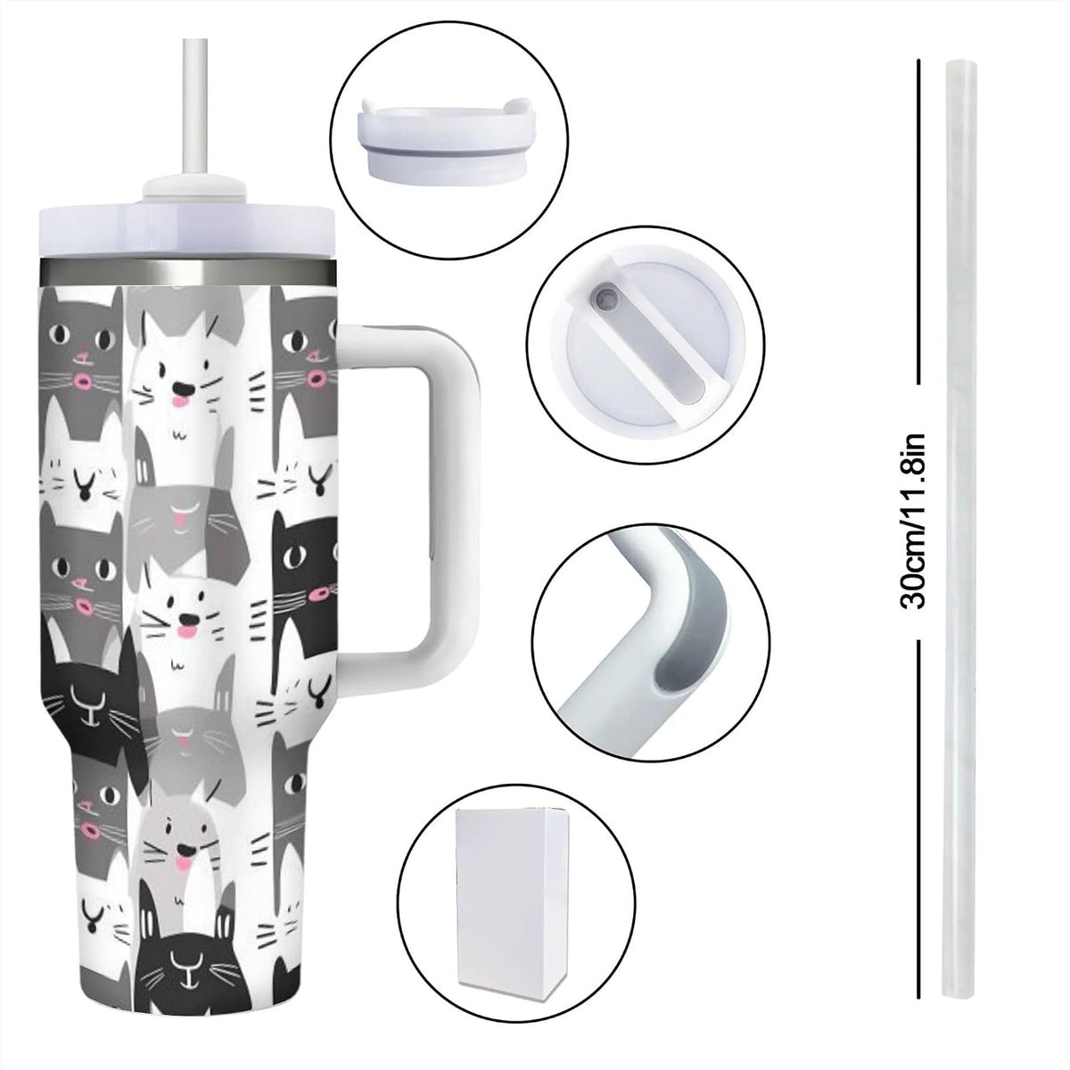 40 OZ (1200 ML) Cute Cats Insulated Tumbler With Straw Lid, Cartoon Kitten Steel Double Walled Vacuum Stainless Steel Coffee Cup for Home Travel Office Nursing