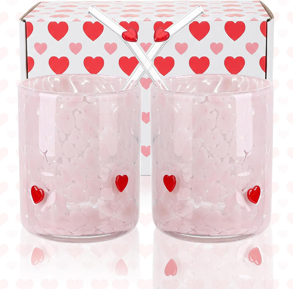2Pcs 14oz Pink Heart Icon Juice Glass with Straws Gift Box