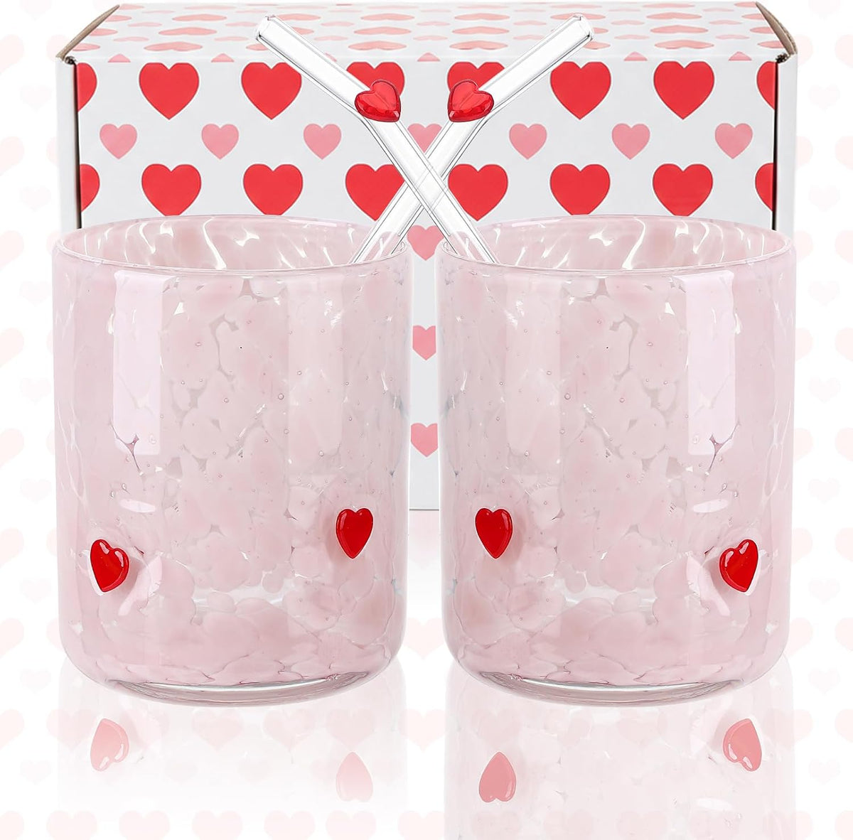 2Pcs 14oz Pink Heart Icon Juice Glass with Straws Gift Box