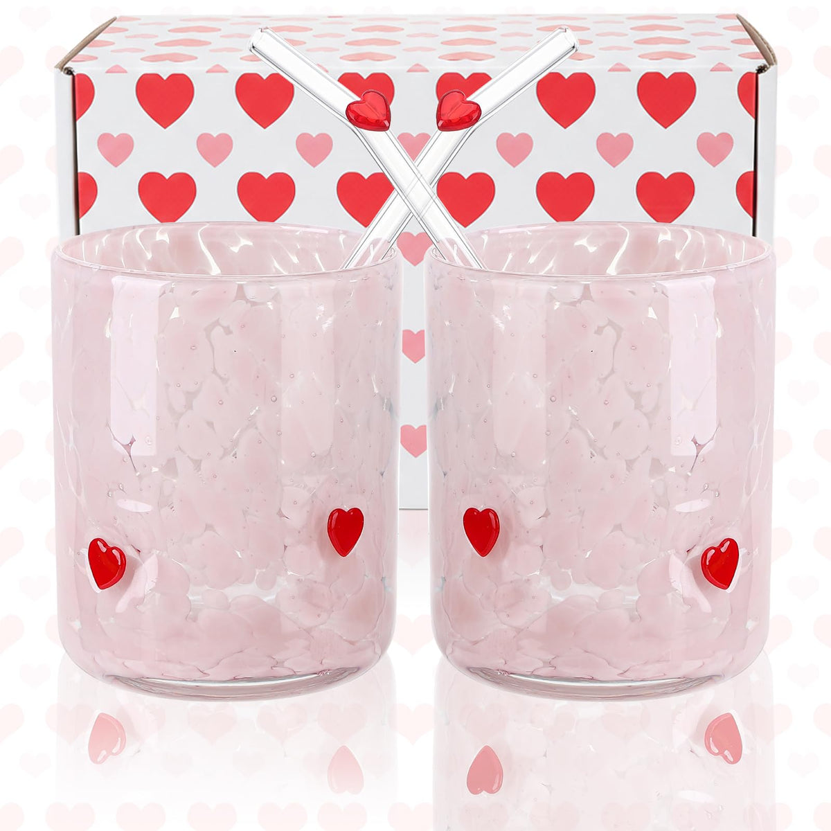 2Pcs 14oz Pink Heart Icon Juice Glass with Straws Gift Box