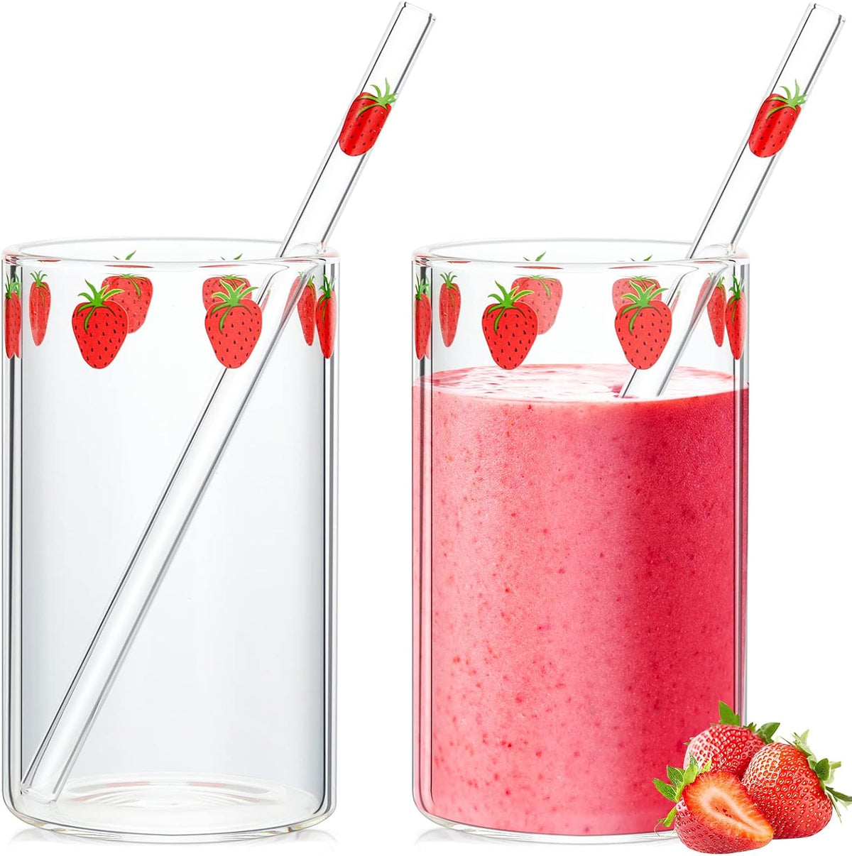 Tessco for you 2 Set Strawberry Glass Cup with Straw Clear Drinking Tumbler