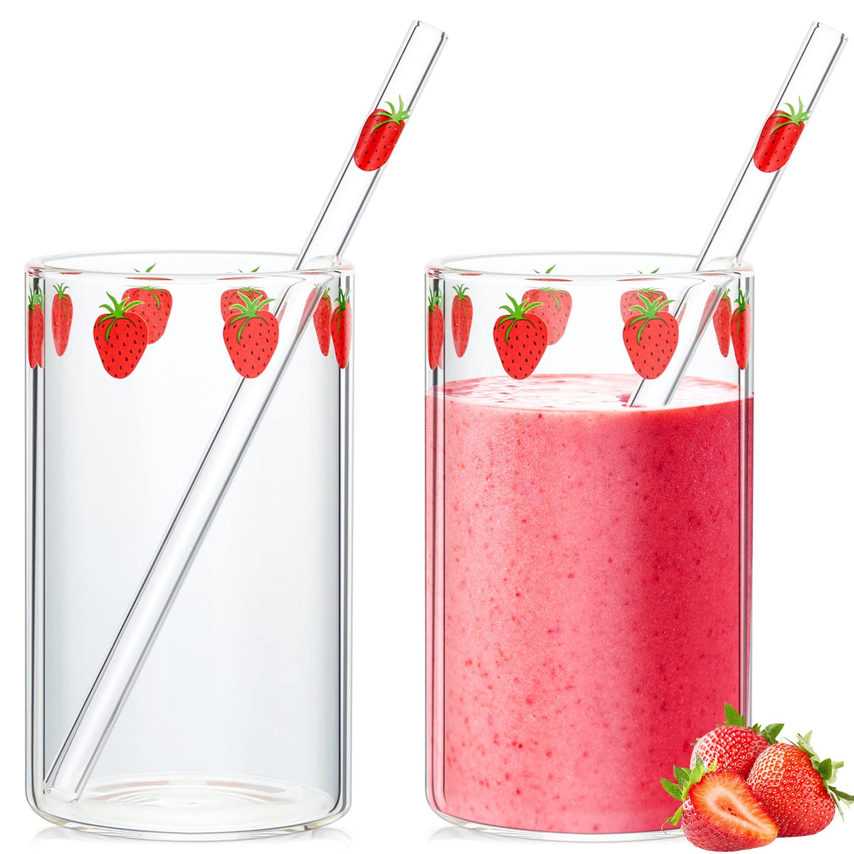 Tessco for you 2 Set Strawberry Glass Cup with Straw Clear Drinking Tumbler