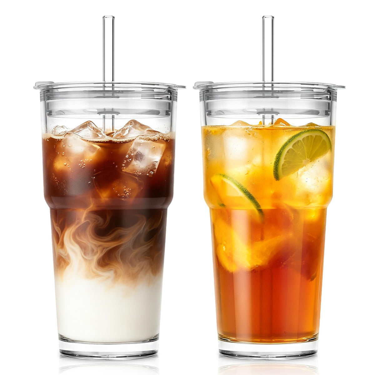 SoulTimes 20oz Ribbed & Floral Glass Tumbler with Lid and Straw – Iced Coffee Glasses Cups for Smoothie, Matcha, Juice, Water etc. Leakproof and Reusable Glassware Drinking for Travel To Go [2Pcs]