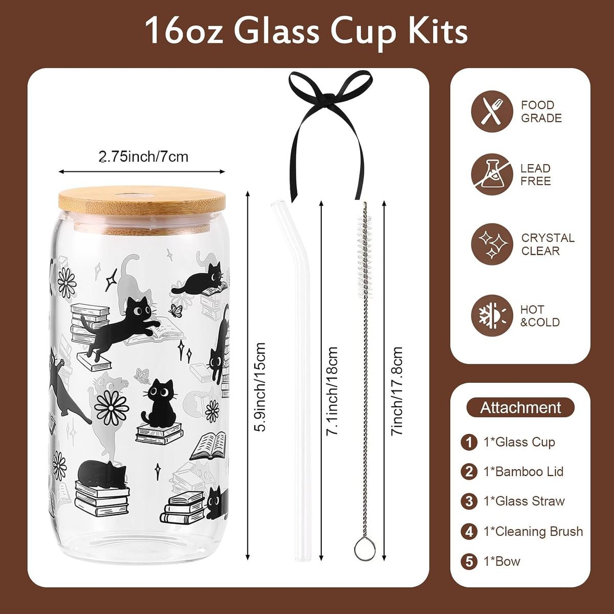 KORHONEN Cute Cat Gifts for Women, Halloween Black Cat Book Lover Glass Cup