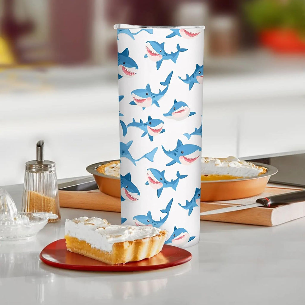 Cartoon Sharks 20 oz Insulated Skinny Tumbler with Lid and Straw, Cute Sea Animals Straight Tumblers Travel Coffee Cup for Men Women