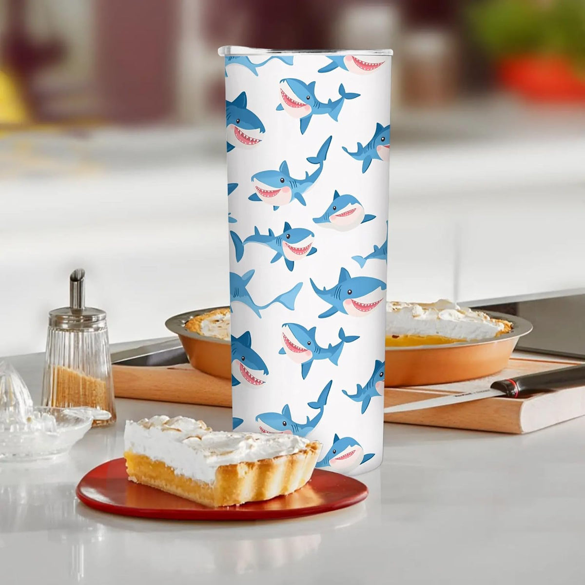 Cartoon Sharks 20 oz Insulated Skinny Tumbler with Lid and Straw, Cute Sea Animals Straight Tumblers Travel Coffee Cup for Men Women
