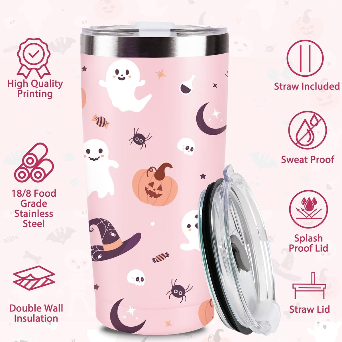 Halloween Tumbler with Lid and Straw for Halloween Gifts & Women Girls