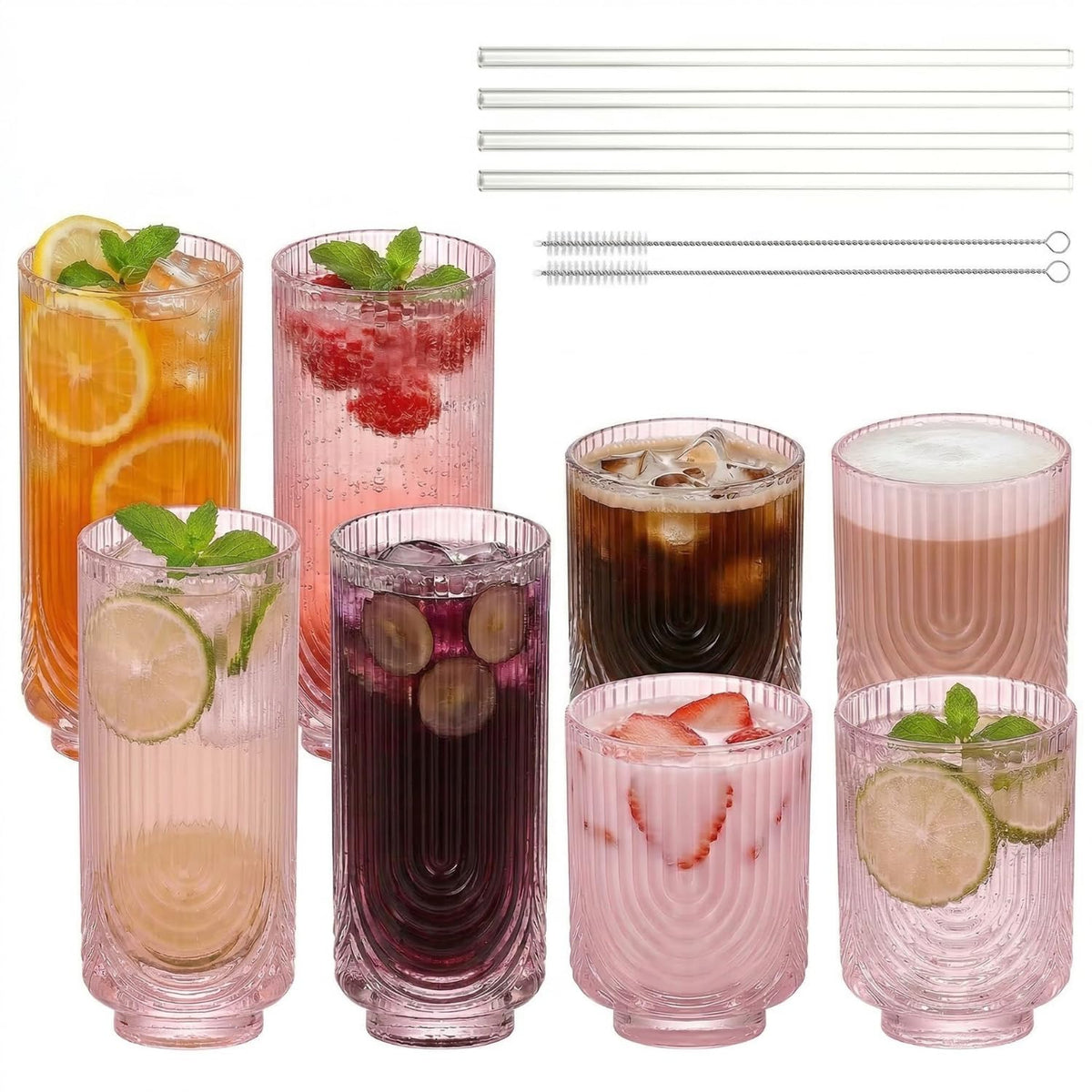 Ribbed Glass Cups with Straws, Pink Glass Drinking Cups, Drinking Glasses Set of 8, 13oz Highball & 10oz Water Glasses, Vintage Kitchen Glassware Set for Juice, Whiskey, Coffee, Cocktail