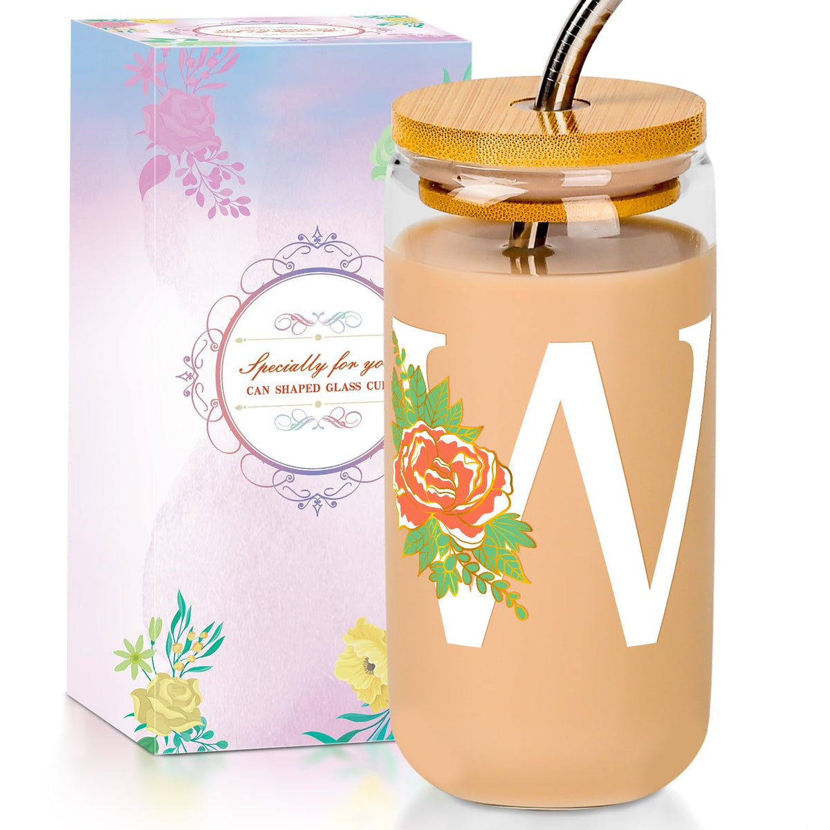 16 Oz Initial Glass Cup with Lid and Straw Personalized Color-Changing