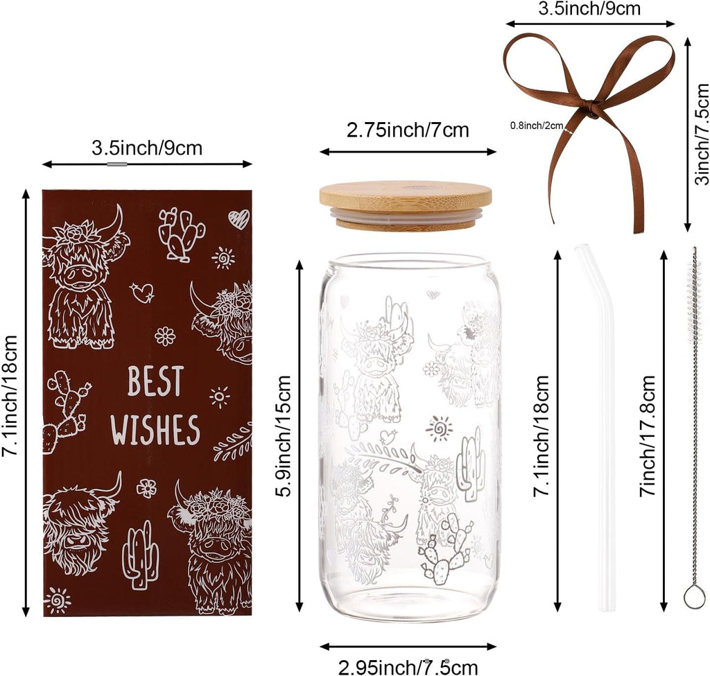 Highland Cow Gifts for Women, Glass Cups with Lid and Straw