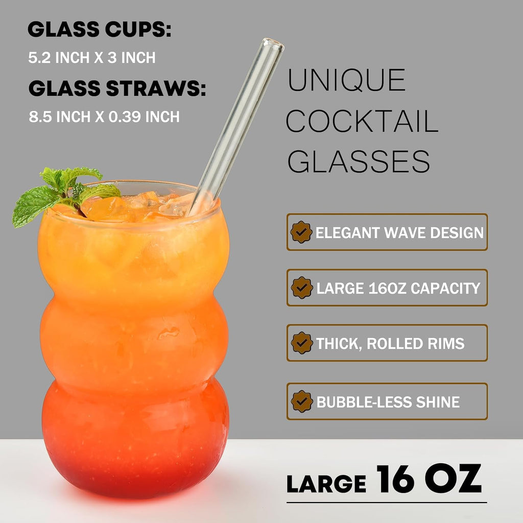 ALINK 16 oz Large Ribbed Glassware Drinking Glasses with Straws Set of 4, Crystal Vintage Glassware Iced Coffee Cups, Cocktail Glass Cups for Beer, Whiskey, Soda, Water, Tea, Milk,Juice