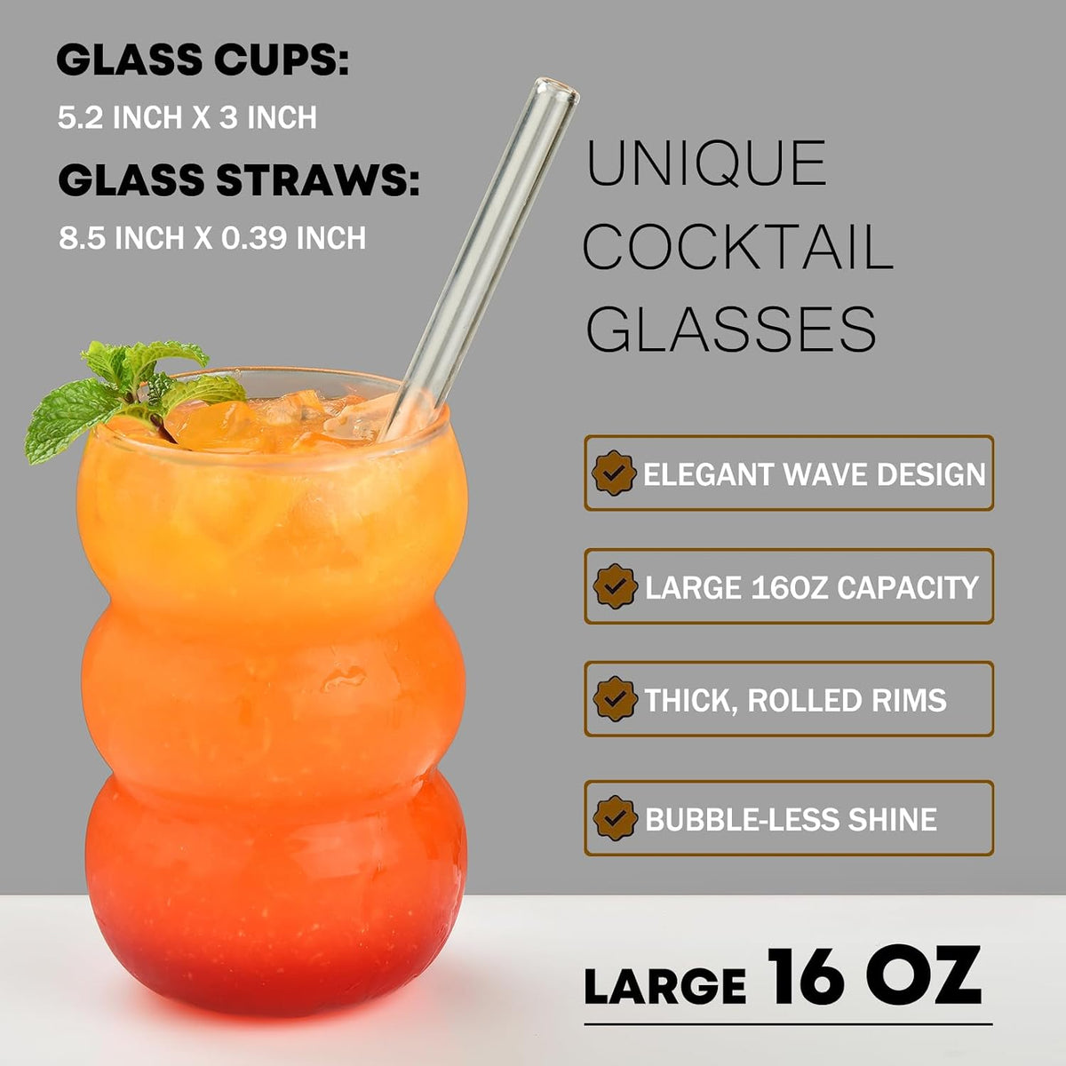 ALINK 16 oz Large Ribbed Glassware Drinking Glasses with Straws Set of 4, Crystal Vintage Glassware Iced Coffee Cups, Cocktail Glass Cups for Beer, Whiskey, Soda, Water, Tea, Milk,Juice