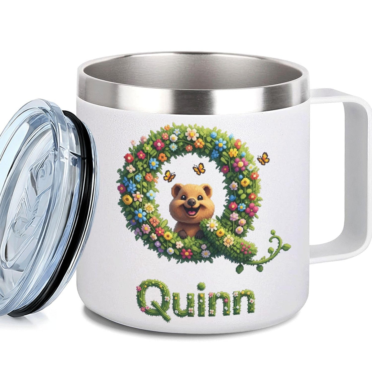 Leo Personalized Kids Mug with Lid, 10 oz Stainless Steel Insulated Camp Cup, Cartoon Lion Tropical Tiki Theme