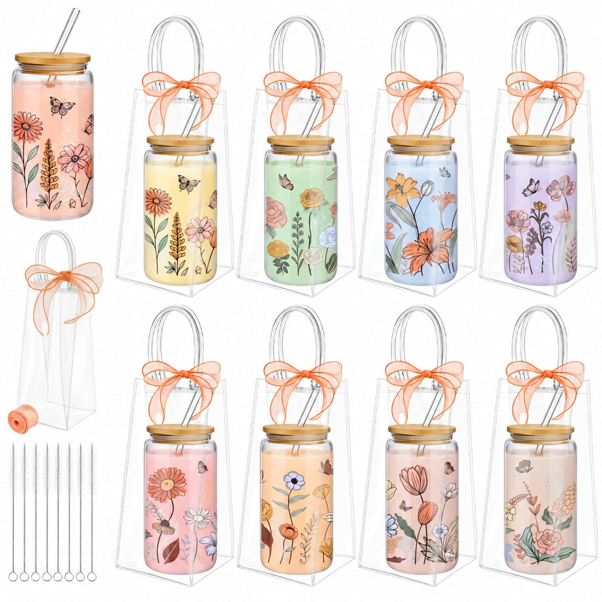 Mumufy 6 Sets Wildflower Cute Glass Cups with Lids and Straws Bulk, 16 Oz