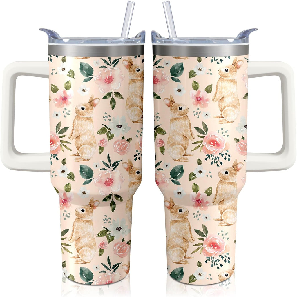 40oz Easter Bunny Tumbler with Handle and Straw, Rabbit Stainless Steel Travel Mug Water Bottle, Vacuum Insulated Cup, Gifts for Women Bunny Lovers