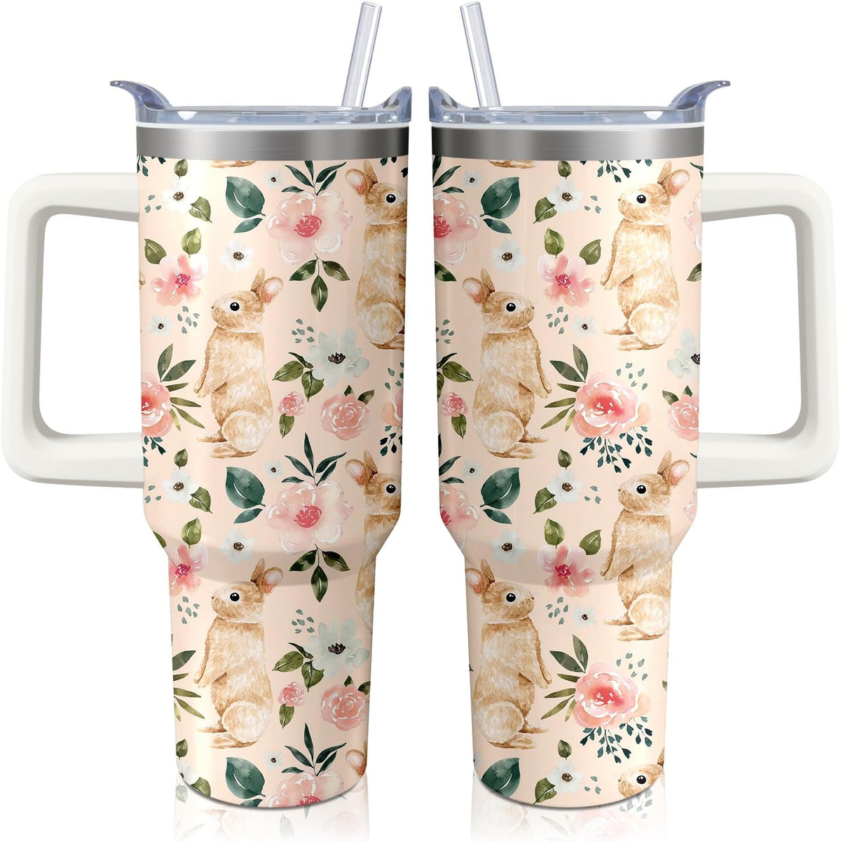 40oz Easter Bunny Tumbler with Handle and Straw, Rabbit Stainless Steel Travel Mug Water Bottle, Vacuum Insulated Cup, Gifts for Women Bunny Lovers