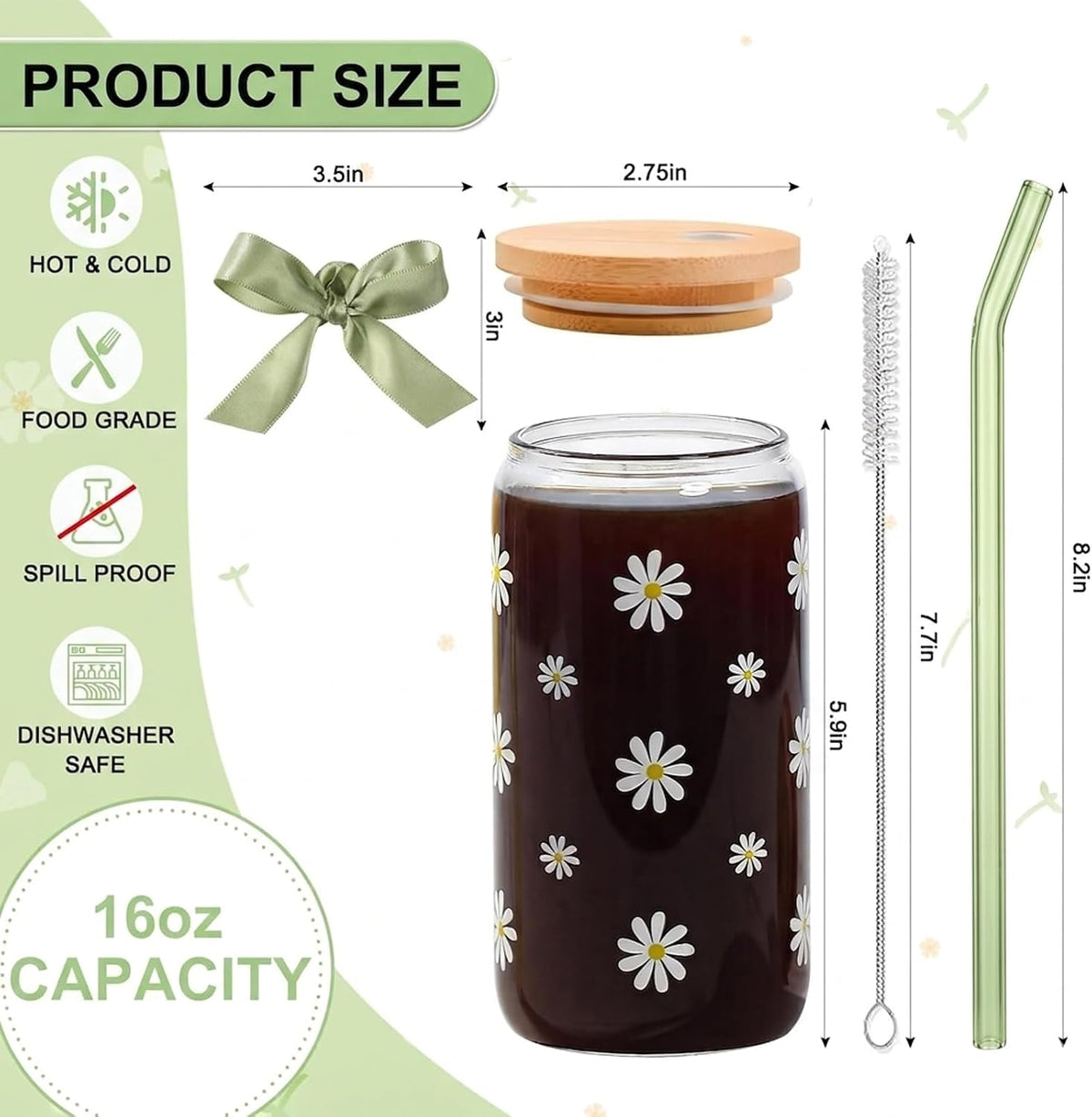 Cute Matcha Glass Cup Daisy Coffee Cups Birthday Gifts for Women