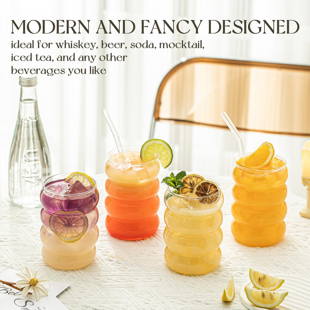 KEMORELA 2PCS Wave Bubble Beverage Glasses With Straws, 18 Oz Vintage Glass Cups, Aesthetic Iced Coffee Glasses, Ripple Glassware, Beer Glasses - Stylish Drinkware for Every Occasion