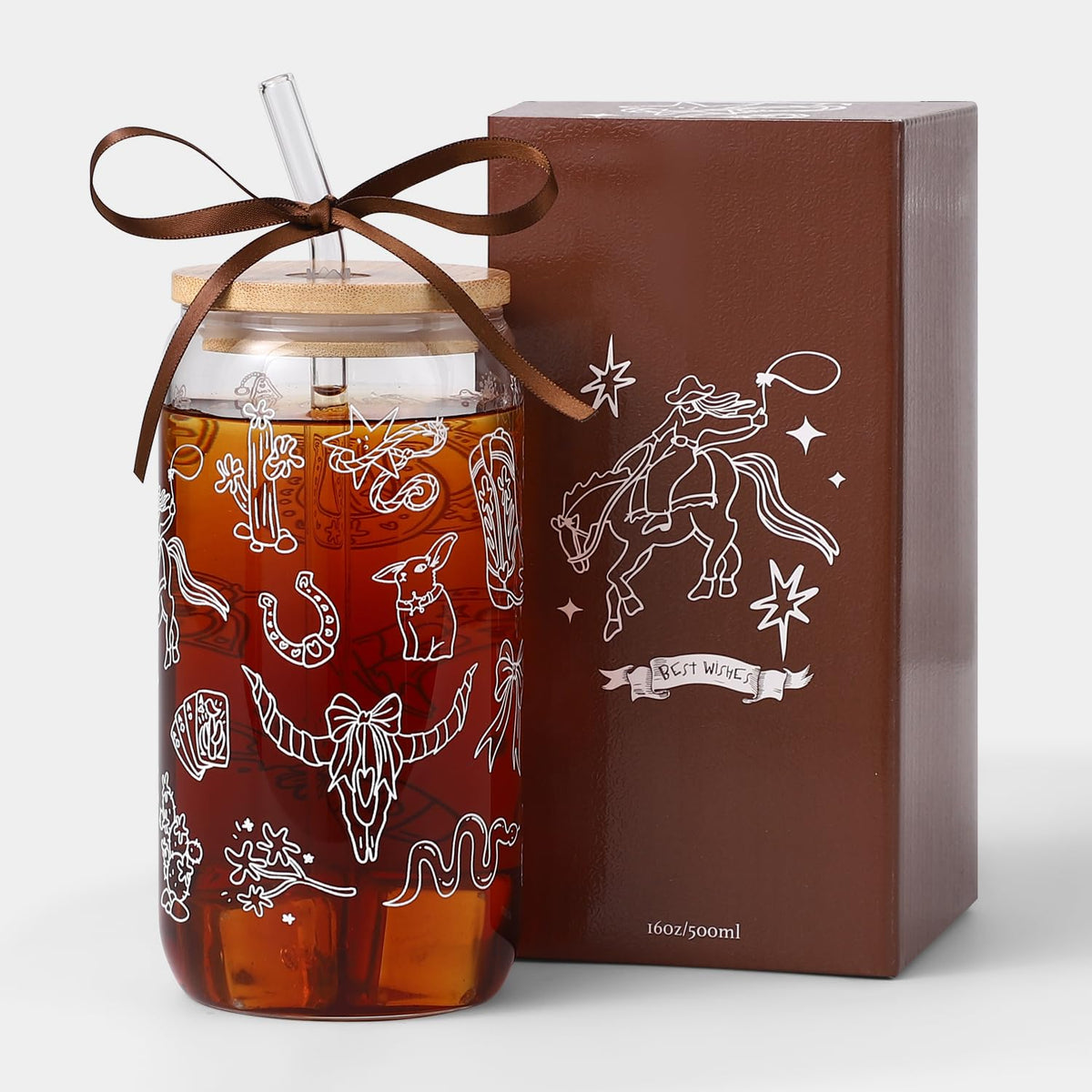 Floral Gifts for Women, Flower Glass Cup with Lid and Straw