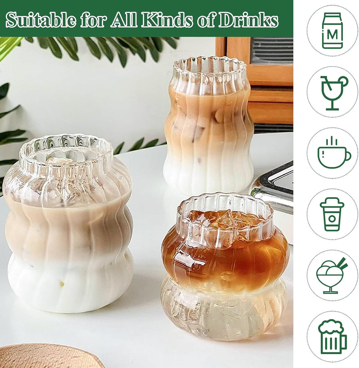 4 Pcs Creative Glass Cups,Wave Shape Cute Drinking Glasses with 4 Glass Straw (Straight & Elbow) Aesthetic Cups Vintage Ribbed Glassware for Beverage Coffee Milk Cocktail Juice-3Cleaning Brush