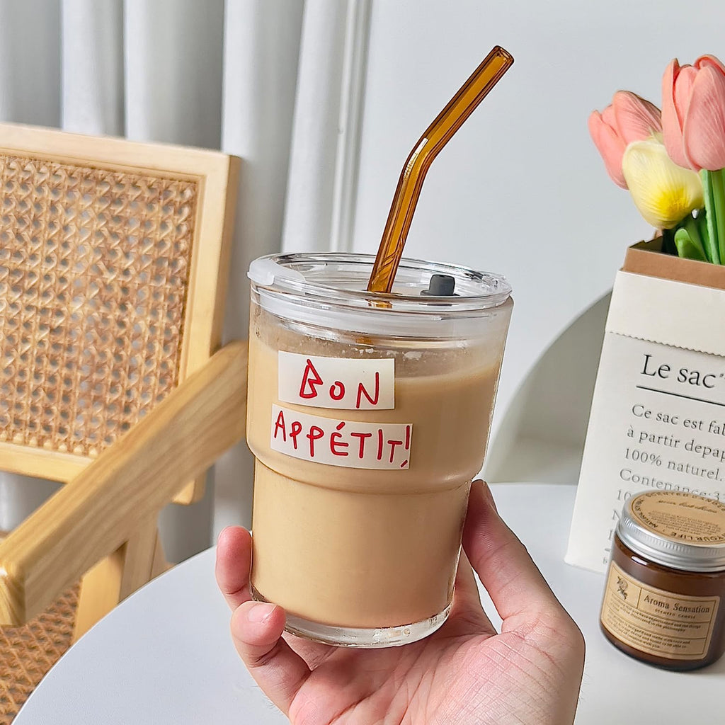 Olvini 13oz Glass Tumbler with Straw and Lid, Reusable Iced Coffee Cup Tumbler, Cute Glass Cups for Water, Matcha, Travel Coffee Mugs (Bon Appétit)