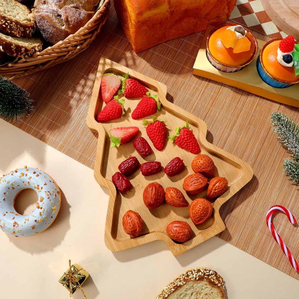 UPKOCH Christmas Bamboo Serving Tray Cartoon Design 11 Inch Salad Plate Sushi Dish for Home Kitchen Holiday Party Snacks Desserts