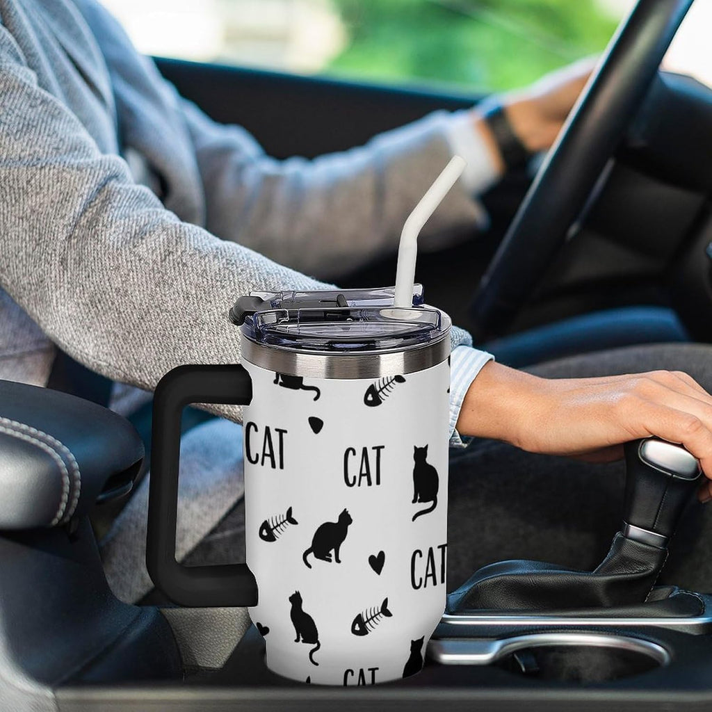 Black Cat Yellow Eyes Tumbler with Lid And Straw 40oz Cartoon Halloween Stainless Steel Cup Insulated, Large Capacity Car Cup, Leakproof Travel Tumbler Coffee Mug with Handle