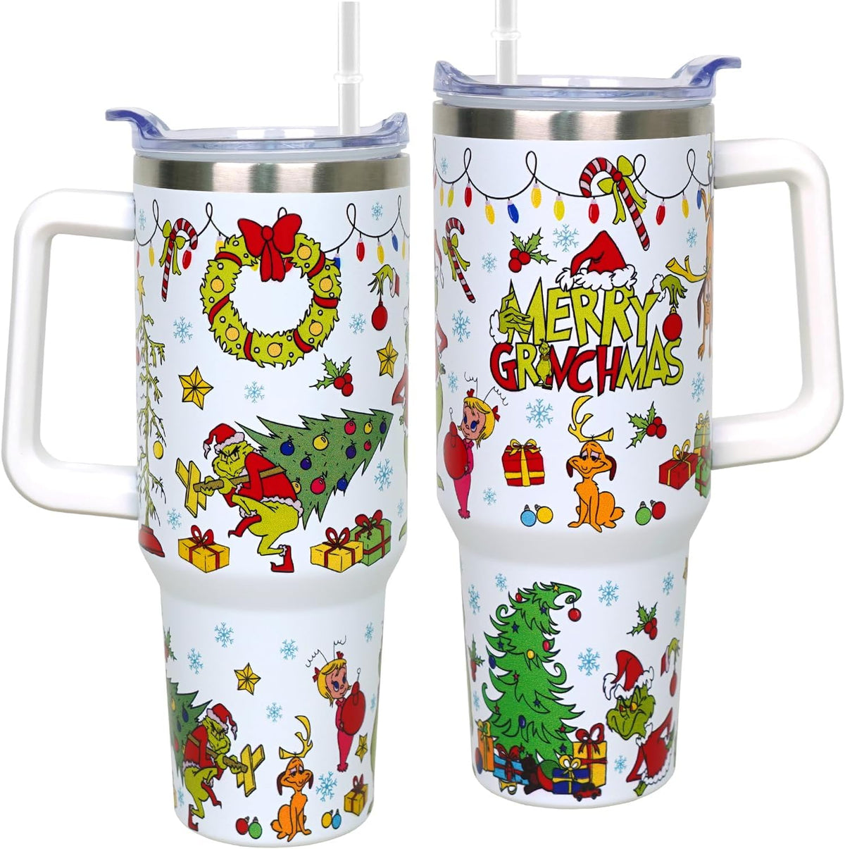 40 oz Christmas Tumbler with Handle Gifts for Girls Daughter Women, Christmas Stainless Steel Insulated Coffee Cups Tumblers with Lids and Straws, White