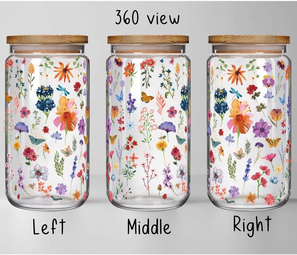 Aesthetic Floral 16oz Glass Cups with Bamboo Lids and Straws Wildflower Gift for Women, Cute Flower Drinking Glass with Cleaning Brushes, Christmas Flower Gifts for Mother Birthday Bridesmaid Party