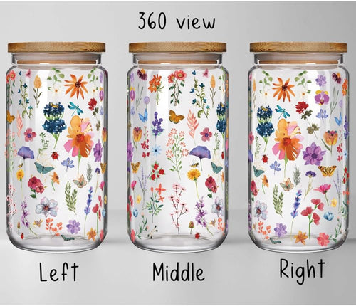 Aesthetic Floral 16oz Glass Cups with Bamboo Lids and Straws Wildflower Gift for Women, Cute Flower Drinking Glass with Cleaning Brushes, Christmas Flower Gifts for Mother Birthday Bridesmaid Party