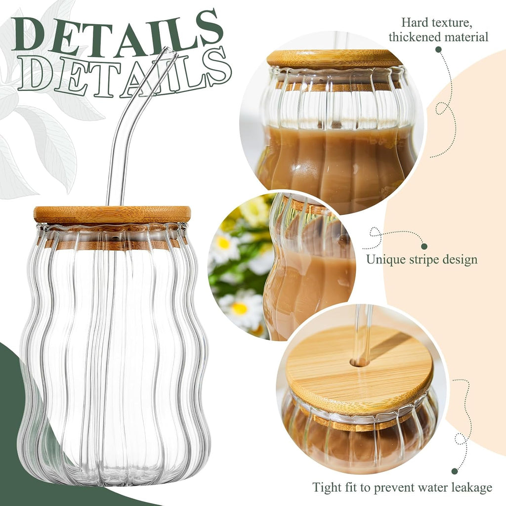 Domensi 2 Pcs 18 oz Creative Glass Cups with Lids and Straws Wave Shape Cute Drinking Tumblers Ribbed Cups Vintage Ripple Glassware for Cocktail Juice Iced Coffee Tea Soda Milk