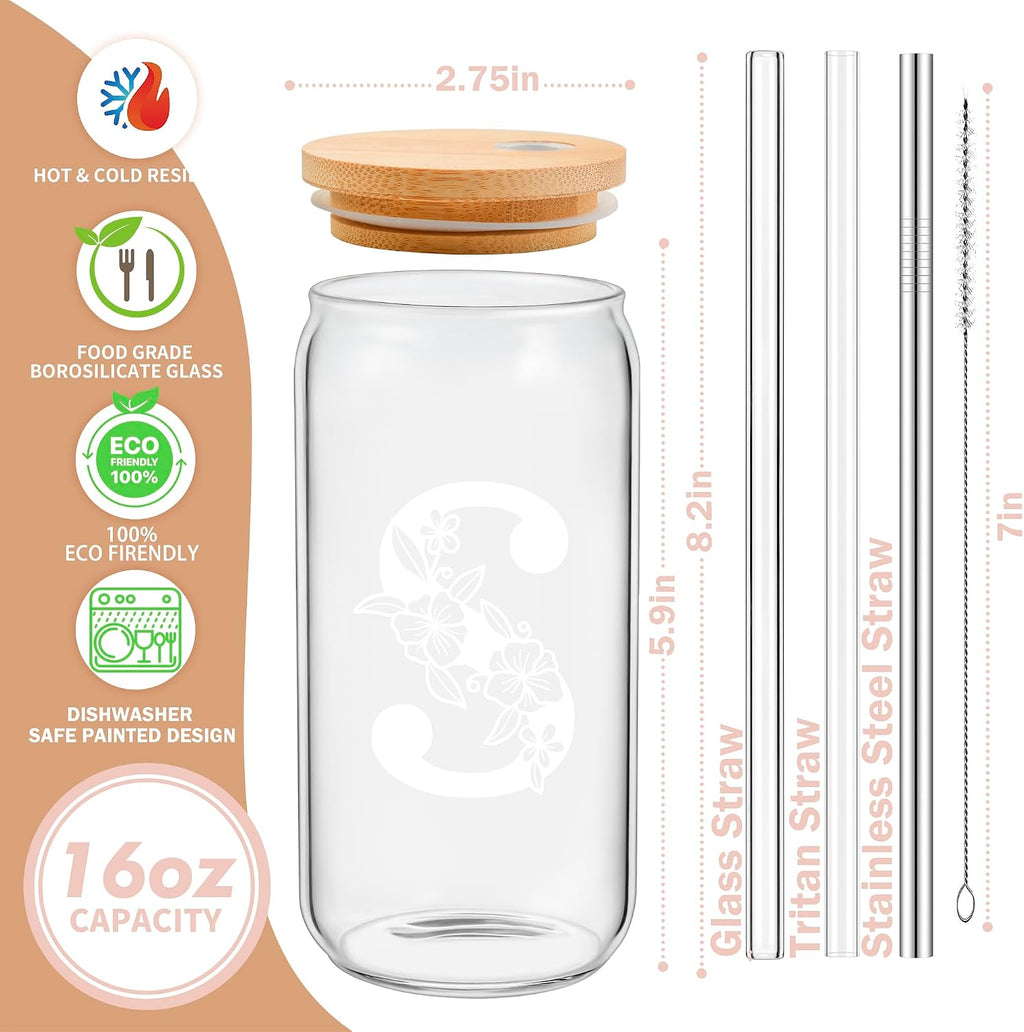 Personalized Tumbler, Monogrammed Can Glass Cups with Bamboo Lids and Straws, Customized Gifts for Women, Cute Design Initial Iced Coffee glasses, Custom Letter Mug, Birthday Bridesmaid, L