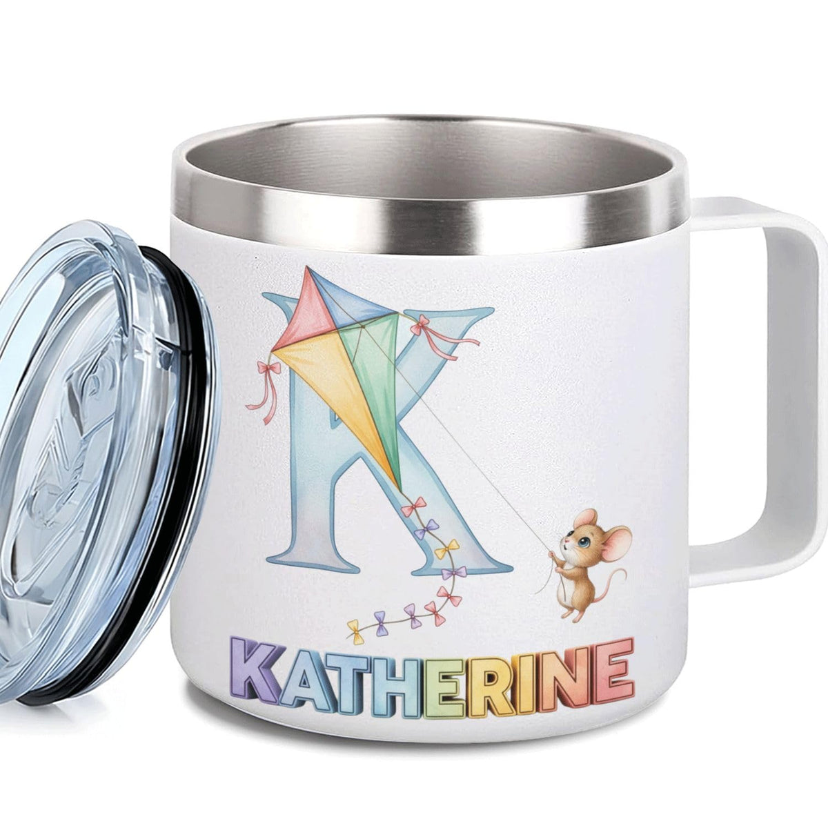 Leo Personalized Kids Mug with Lid, 10 oz Stainless Steel Insulated Camp Cup, Cartoon Lion Tropical Tiki Theme