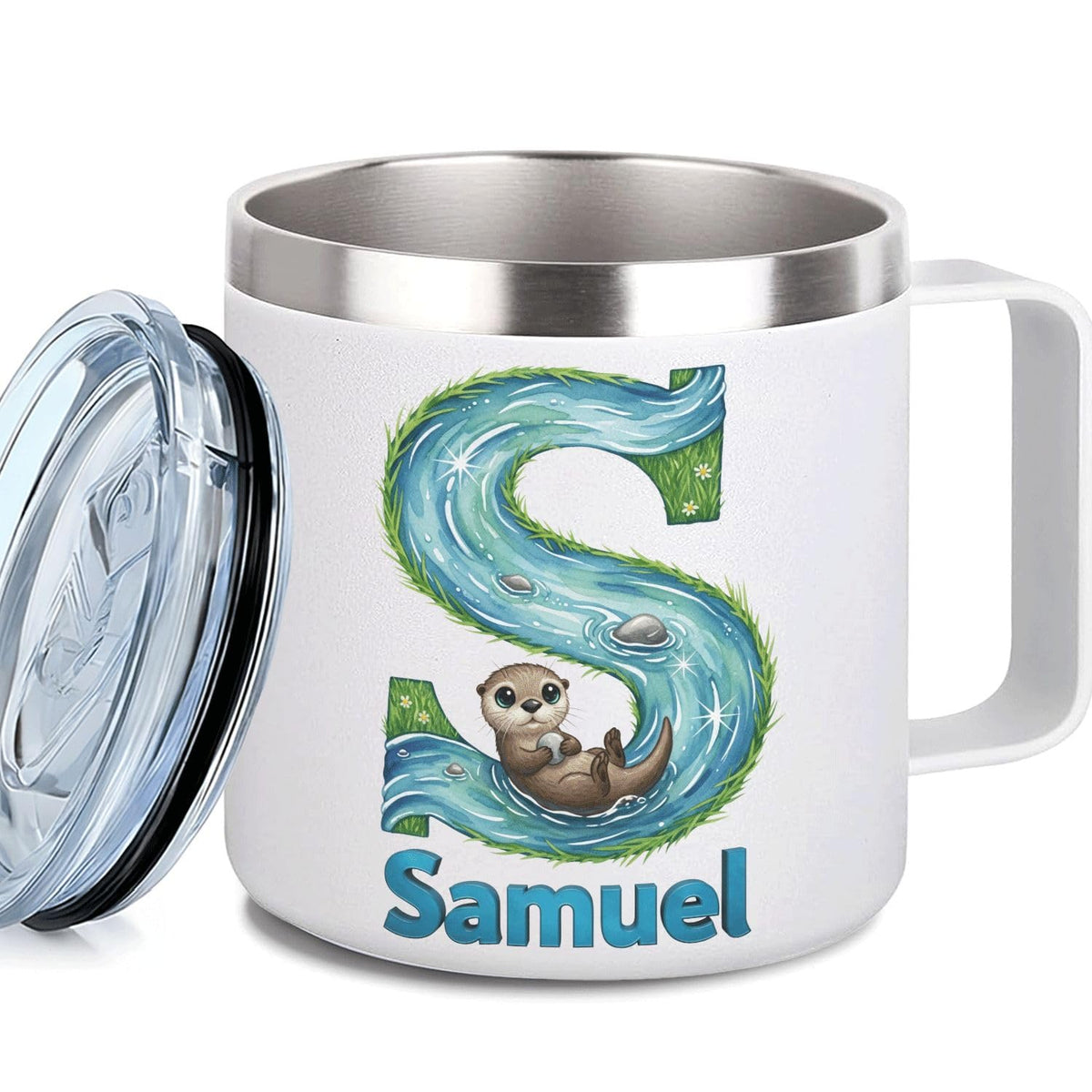 Leo Personalized Kids Mug with Lid, 10 oz Stainless Steel Insulated Camp Cup, Cartoon Lion Tropical Tiki Theme