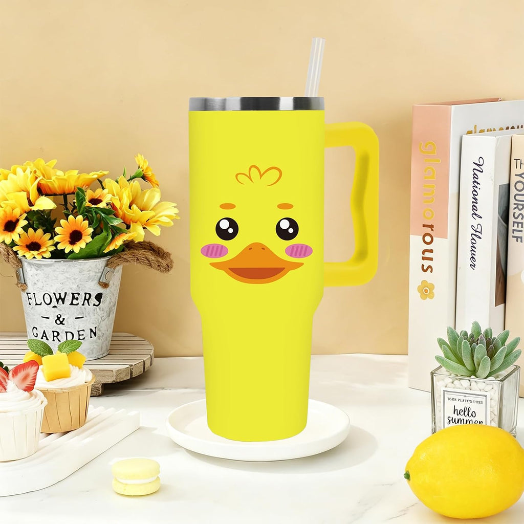 JarThenaAMCS Yellow Duck Tumbler with Lid and Straw 40 Oz Cartoon Rubber Duck Tumbler with Handle Summer Stainless Steel Cup for Home Office Travel