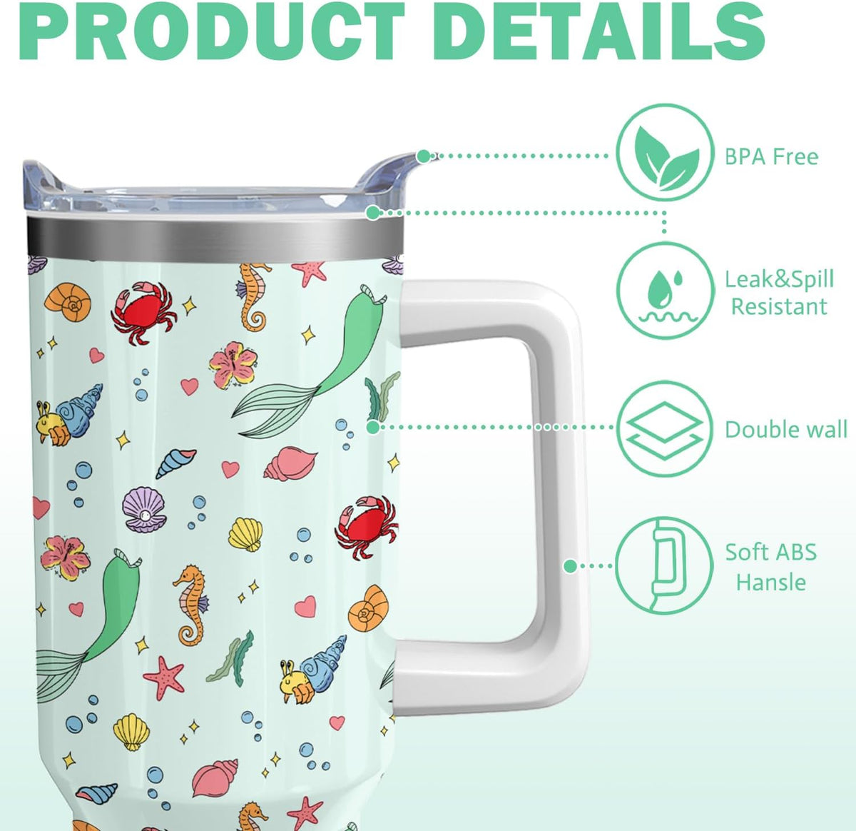 Cartoon Seafloor Princess Tumbler with Handle & Straw | Sea World | Travel Coffee Mug -Birthday/Christmas Gift to Girl/Women